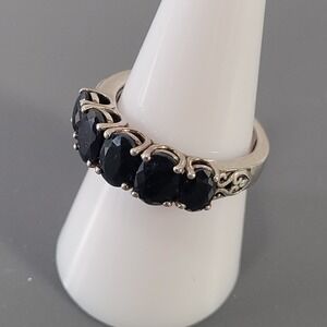 STS 925 Sterling Silver Ring Black Jadeite Five Stone Anniversary Band Size 9
